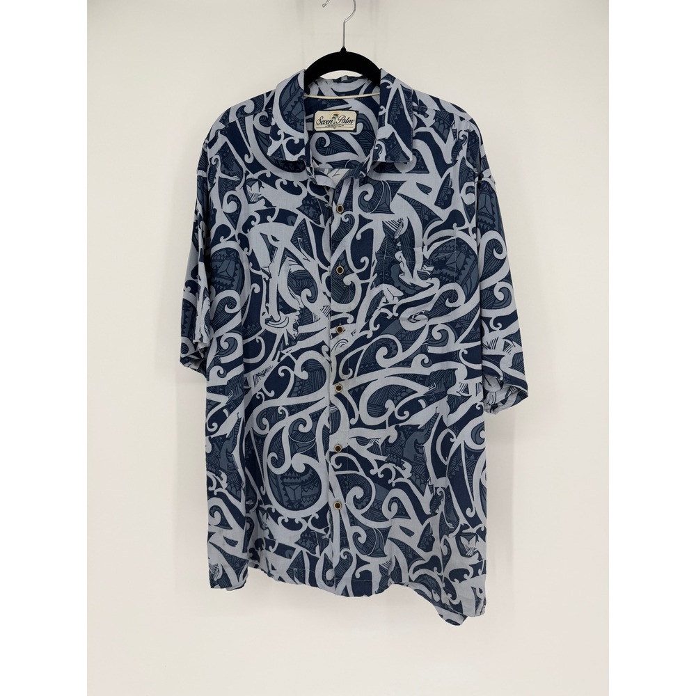 Seven Palm Brand Mens XL Blue White Tribal Swirl Print Short Sleeve Button Shirt